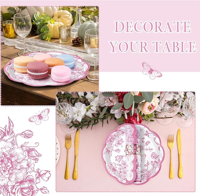 Willinglong 120 Pcs Floral Scalloped Paper Plates and Napkins Set, 2-ply Napkins - Image 6