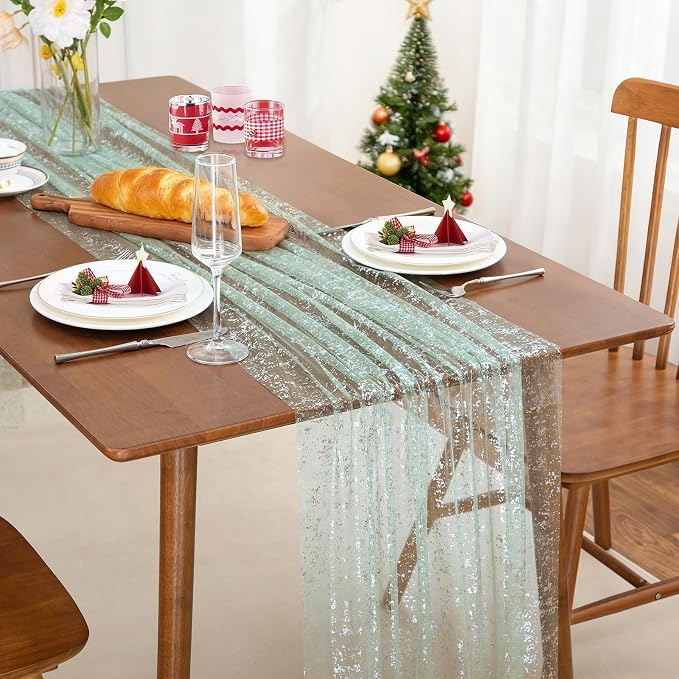 SiinvdaBZX Sage Green Sheer Tulle Table Runner 120 Inch/10 Ft Long | Gauze - Image 2