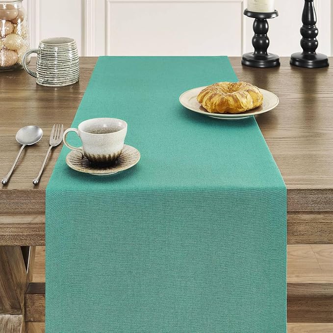 Basic Linen Style Table Runner, 14x36 Inch Teal | Mitered Corner Design - Image 5