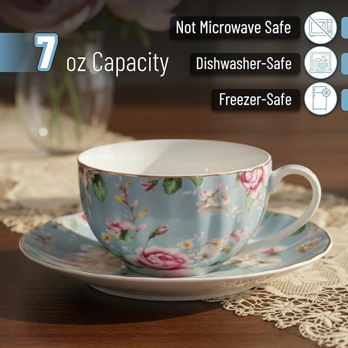 BTaT- Floral Tea Cups and Saucers, 7 oz, Fine Porcelain Teacup Set - Image 3