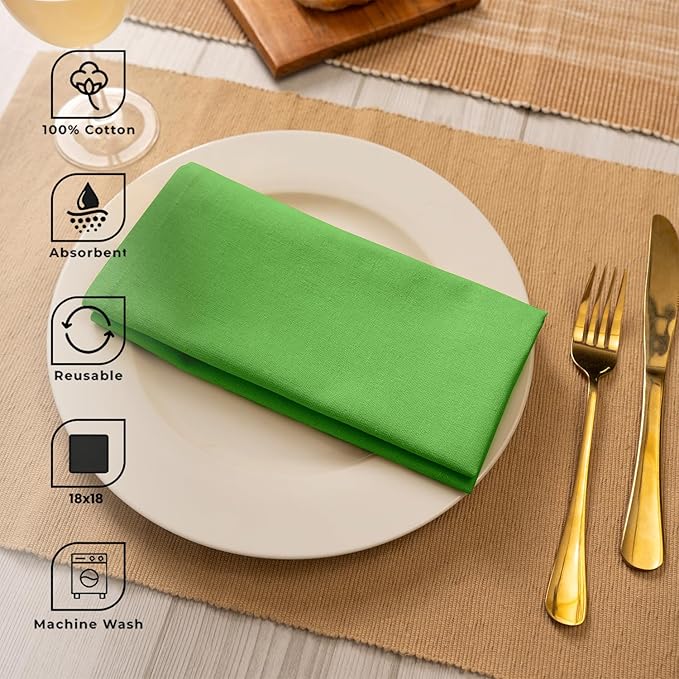 Blue Needles Solid Cloth Napkins Set of 12 Apple Green 100% Cotton Dinner Napkins 18x18 inches, Soft, Reusable, Absorbent, Washable Linen, Ideal for Wedding Events, Parties & Everyday Use