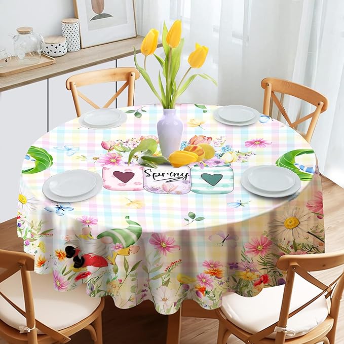 Spring Tablecloth Rectangle 60 x 84 With Gnome Flowers, Buffalo Check Plaid Kitchen Table Cover for Dining Room Indoor Decor