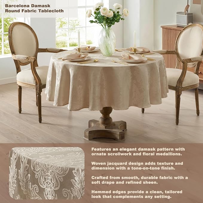 Newbridge Barcelona Luxury Damask Fabric Tablecloth, 70” Round, 100% Polyester - Image 2