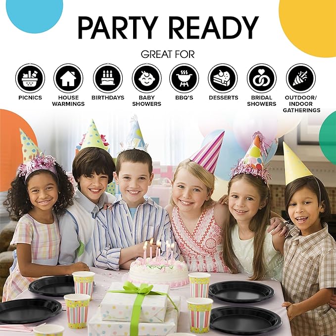 Black Plastic Plates For Party 7" Black Disposable Plates Heavy Duty 100 Pcs Plastic Dinnerware Sets Heavy Duty 350 GSM Disposable Dinnerware Set