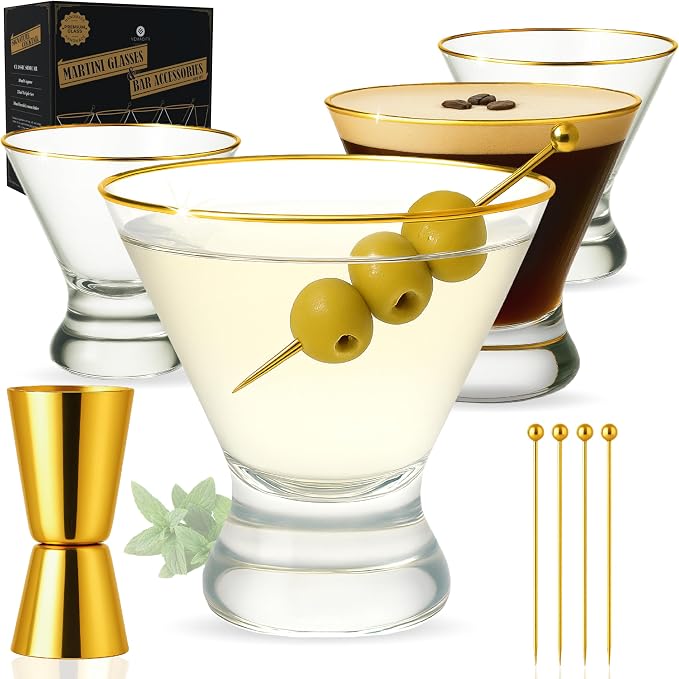 VEMACITY Stemless Martini Glasses Set of 4 | Hand-Applied Gold Rim | Includes by Vemacity