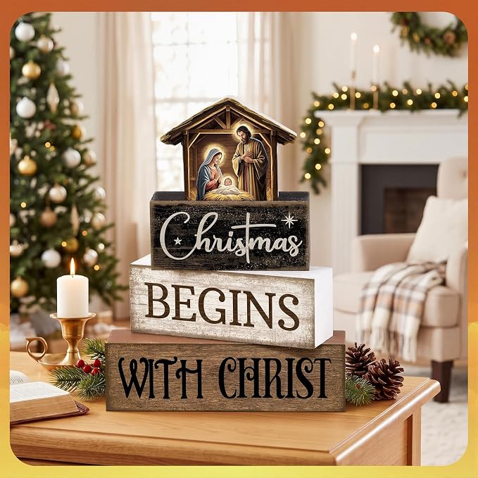 Moucuny 4 Pcs Christmas Table Decoration Christian Wooden Stacked Block Decor - Image 6