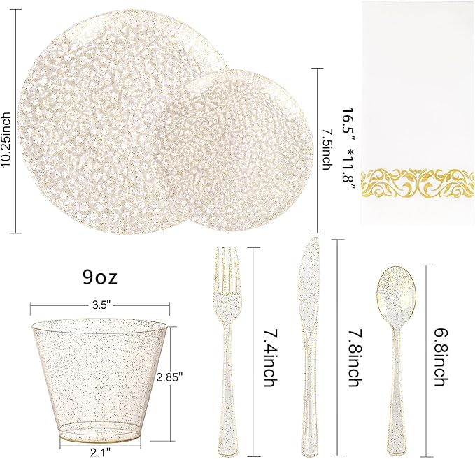 Rubtlamp 175 Pcs Gold Glitter Plastic Plates, Hammered Disposable Plates Set - Image 3
