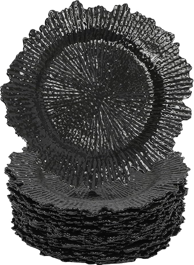 LOYALHEARTDY 24 Pack 13 Inch Black Charger Plates, Plastic Reef Textured Rim Round Decorative Underplates for Wedding, Party, Dinner Table