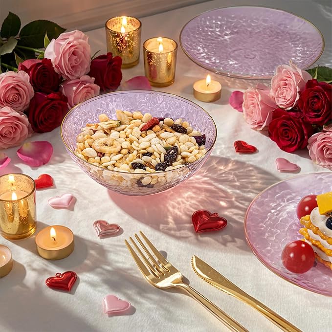 I00000 50 Pack 12 Ounce Pink Plastic Bowls Serving Bowls Hammered Clear Bowl with Gold Rimmed, Heavy Duty Disposable Bowl Set,Small Bowls for Valentine's Day Party