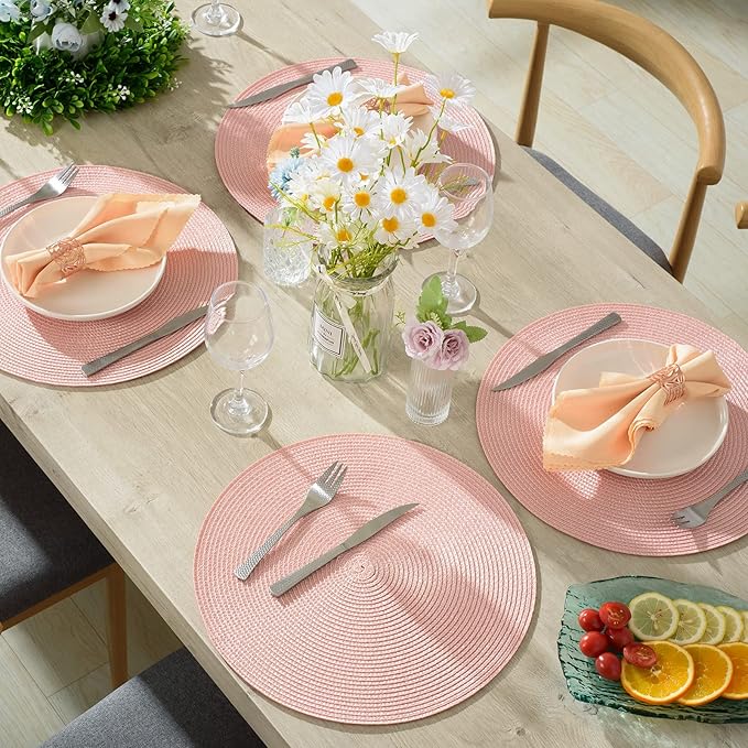 AHHFSMEI Round Braided Placemats 15 Inch Round Table Mats for Dining Tables Natural Woven Heat Resistant Place mats Set of 4 (Pink,4)
