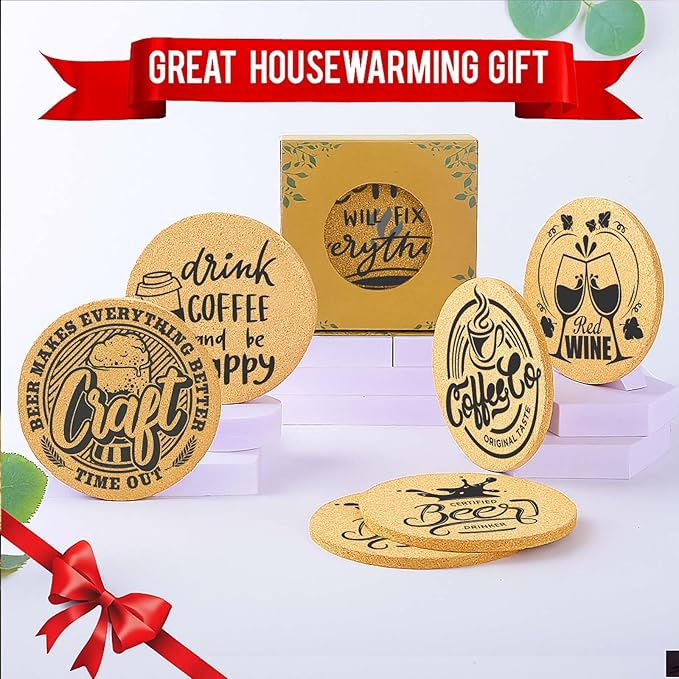Coasters for Drinks with Holder Set of 6, Coffee Pattern Cork Coaster Absorbent for Desk Office Cup Table Coasters Kitchen Decor House Warming Gifts for New Home Couples, Round 4"