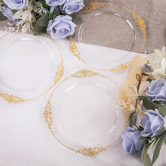 Morejoy 100 Pieces Gold Plastic Plates - Clear Gold Disposable Plates - 10.25inch Clear Plastic Dinner Plates With Gold Rim for Weddings & Parties & Shower