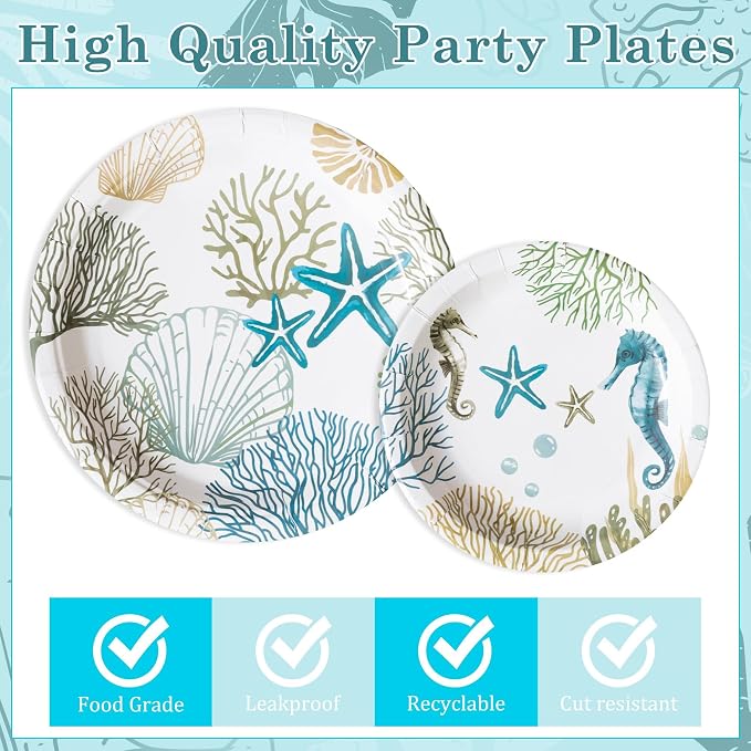 96Pcs Ocean Seashell Coastal Beach Starfish Coral Party Plates Supplies - Image 3