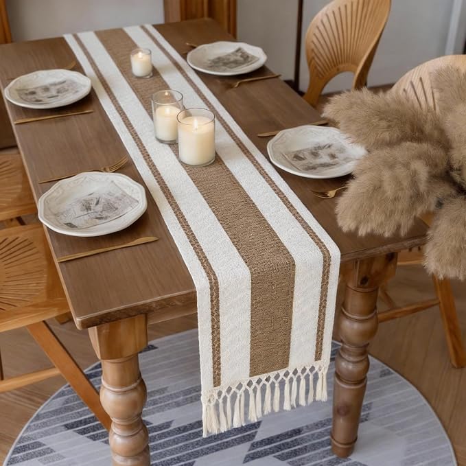 Boho Table Runner with Tassels, Farmhouse Rustic Macrame Table Runners - Image 4