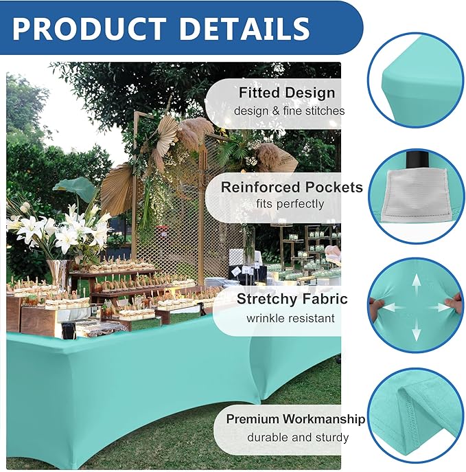 Fitted Stretch Table Cover for 6 foot Rectangle Tables-6 Pack Aqua Blue Spandex Tablecloth-Elastic Folding Tablecloths for Party, Vendor Booth Display, Banquet Buffet Event, Craft Trade Show