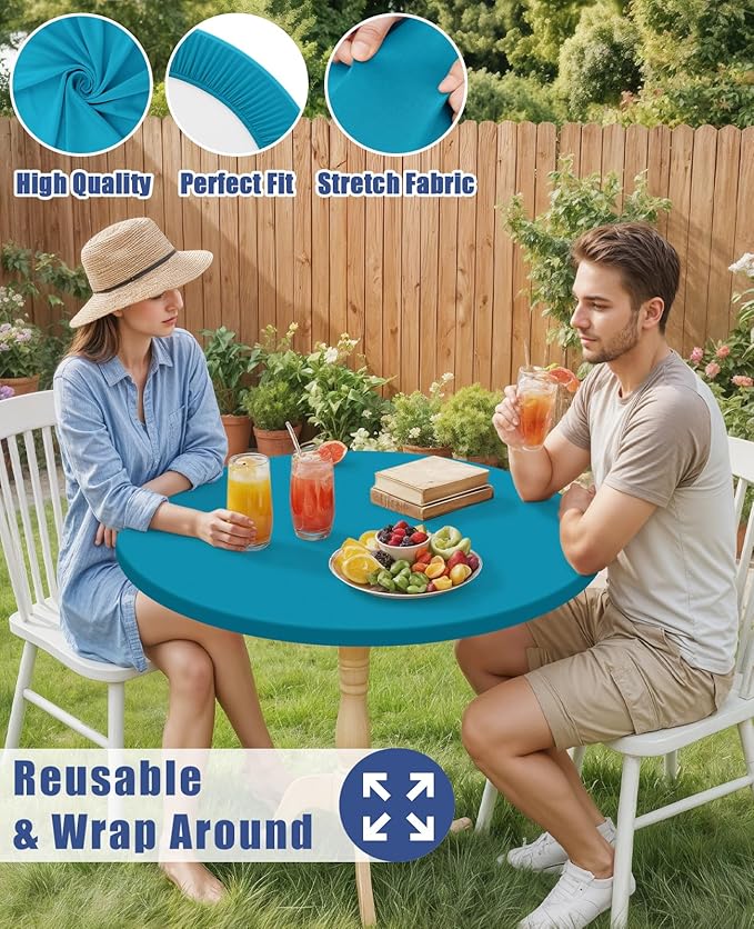 Round Spandex Tablecloth, Elastic Fitted Waterproof Tablecloths for 25"-30" Tables, Stretch Washable Picnic Table Cover for Camping, Dining, Indoor and Outdoor, Turquoise