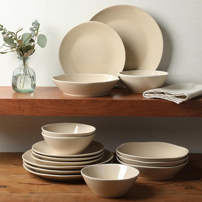 Bloomhouse - Two Time Oprah's Favorite Things Winner - Montecito Breeze 16 Piece (Service for 4) Double Plates and Bowls Stoneware Reactive Glaze Dinnerware Set - Marble Dawn Cream