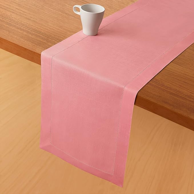 D'Moksha Homes Linen Dusty Pink Table Runner 108 Inches Long - 100% Pure Linen 14 x 108 Inch Table Runner for Valentines, Spring, Easter - Classic Hemstitch