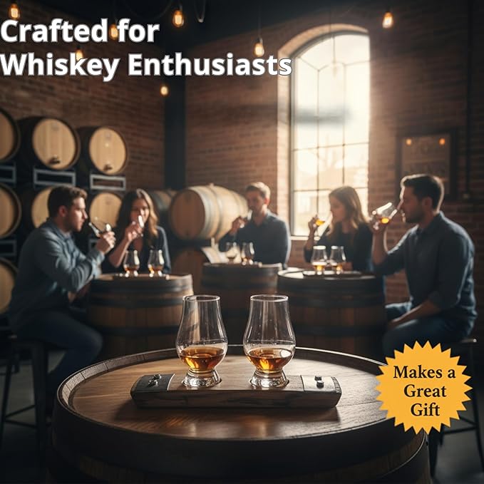 Premium 2 Glass Whiskey Flight/Whiskey Coaster/Crystal Glass Holder/Gifts for Him/Bar Decor/Barrel-Art (NO Crystal Glasses)
