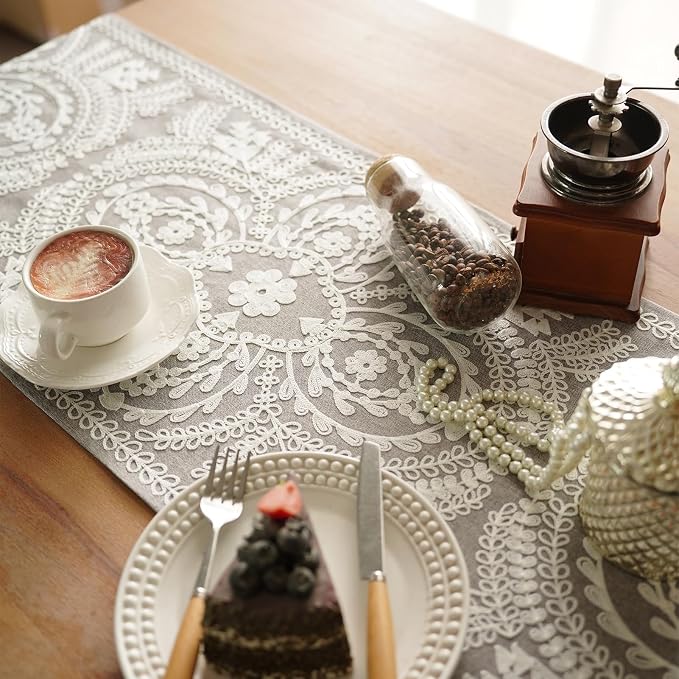 Coffee Table Runner Embroidered Boho Dresser Scarf, 4 Tassel Pendants, Layered - Image 4