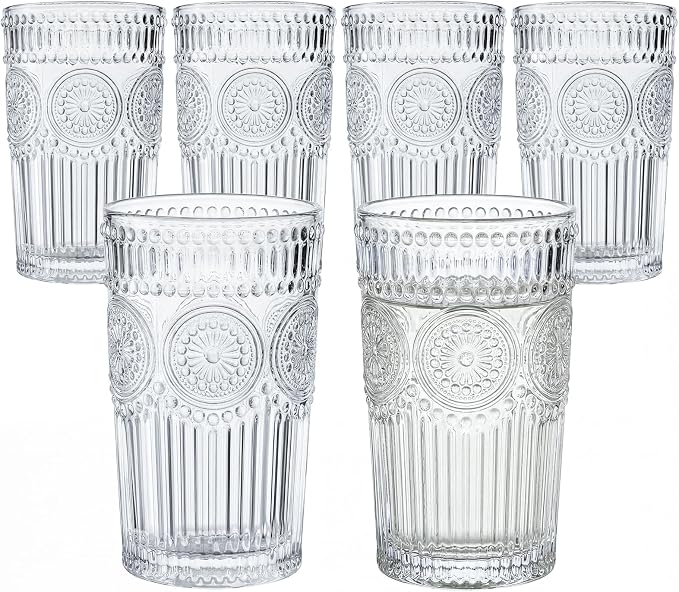 Kingrol Embossed Vintage Drinking Glasses Set of 6, 12 oz Textured Glass by Kingrol