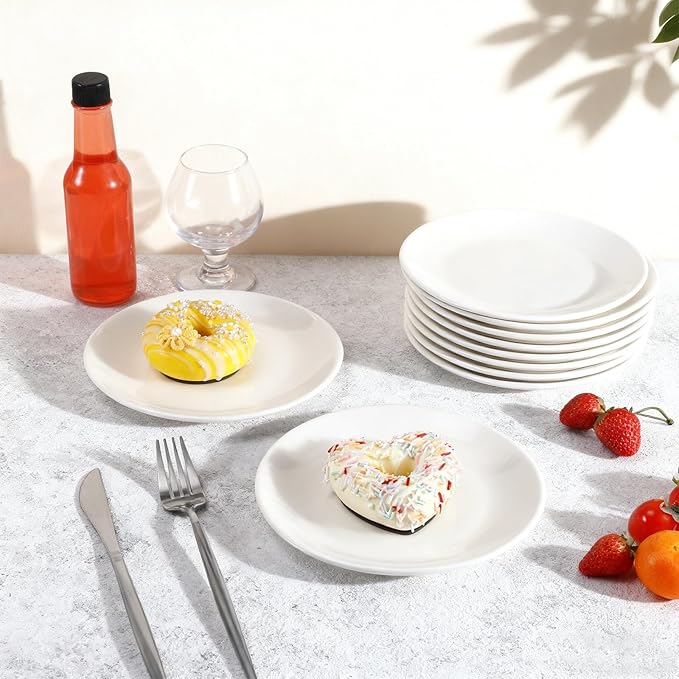 12 Pcs 8 Inch Ceramic Appetizer Plates, Round Dessert Plate Set, White Porcelain Serving Plate for Cake Snacks Bread, Microwave & Dishwasher Safe