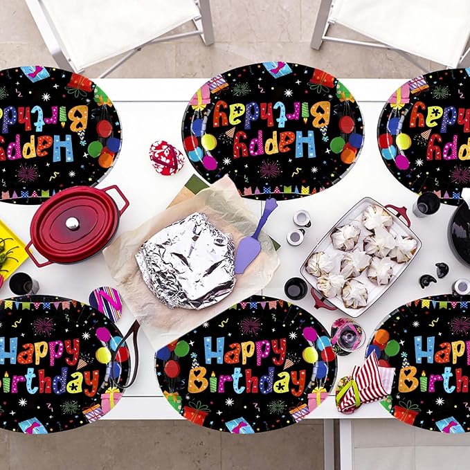 50 Pcs Happy Birthday Oval Paper Plates 10"x12" Large Colorful Black Birthday Plates Disposable Heavy Duty Birthday Theme Party Plates Happy Birthday Party Supplies for Boys Girls Birthday Party Decor