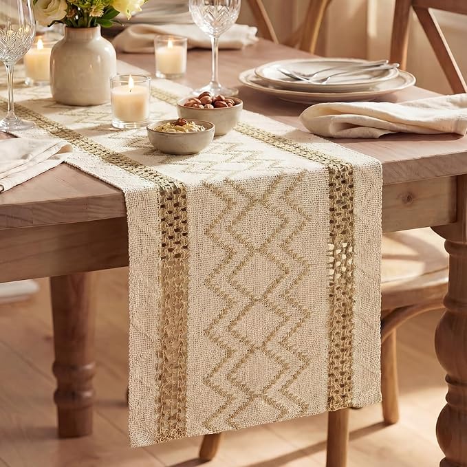 Artoid Mode Burlap Brown Stripe Diamond Woven Table Runner 12x36 Inch | Holiday by ArtoidMode