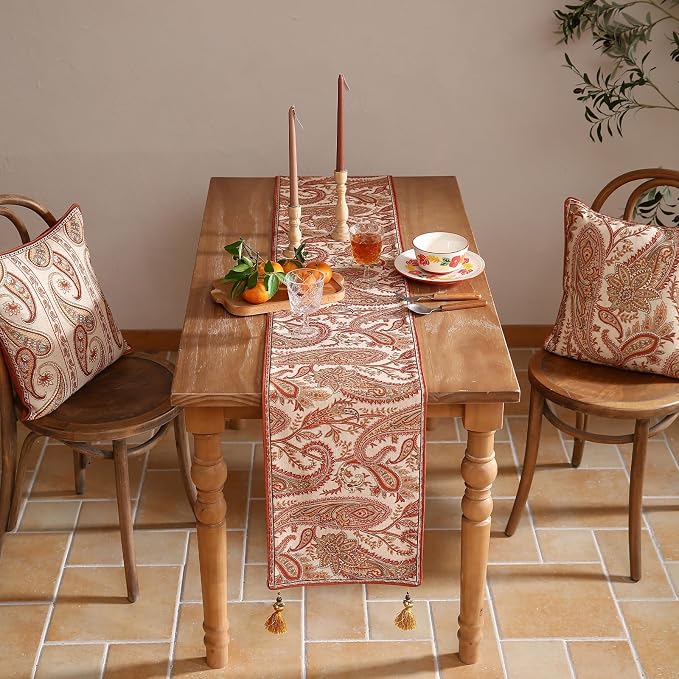 Designer French Linen Long Table Runner, Cashew Pattern, Dining Table, Kitchen - Image 8