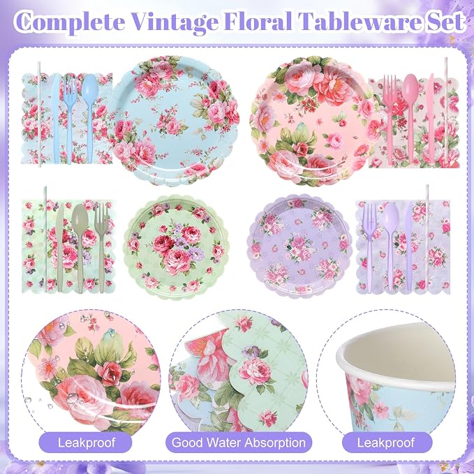 450 Pcs Vintage Floral Tableware Set Decorations, Serves 50 | Tea Party Floral - Image 3