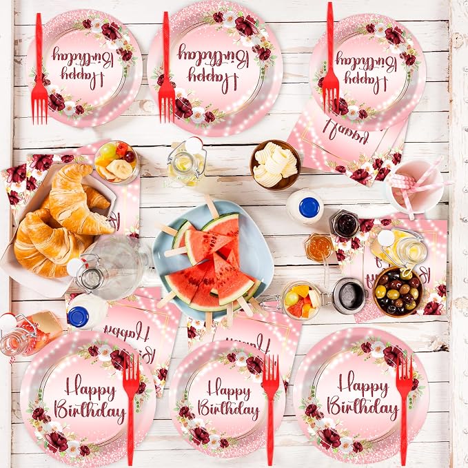 96Pcs Burgundy Birthday Party Supplies Burgundy Floral Paper Plates Napkins - Image 5