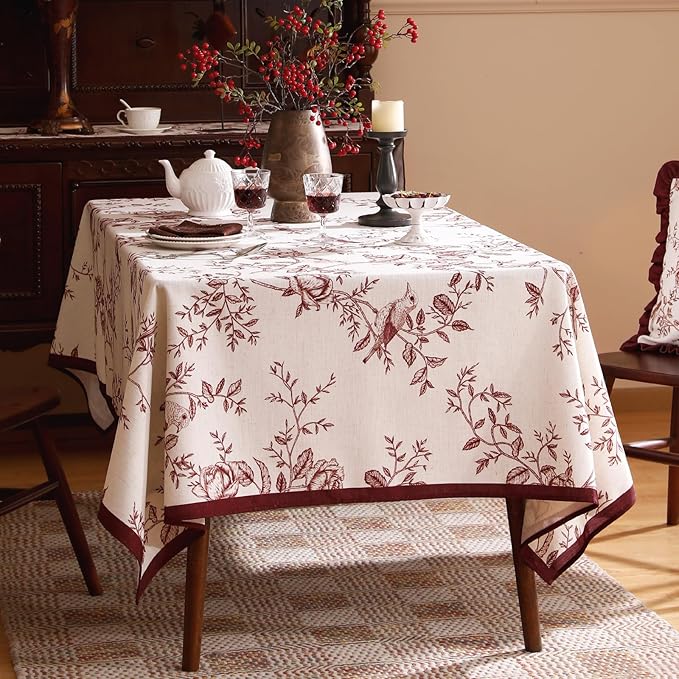 ISAENNE Designer Vintage Linen Extra Long Rectangle Tablecloth,Red Floral Pattern Linen Stain Resistant Table Cloth,Decor Tablecloths for Dining Thanksgiving Kitchen Party,63"*110"-Harmony