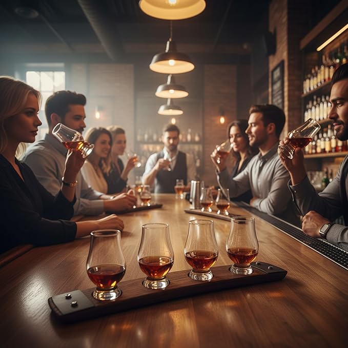 Barrel Stave Premium 4 Glass Whiskey Flight Serving Tray No Glasses Included, Red Mahogany