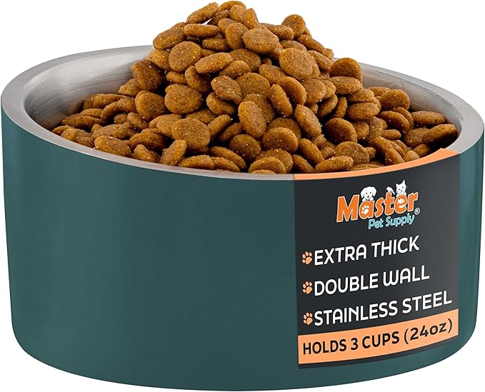 Master Pet Supply Stainless Steel Slanted Dog Cat Food Bowl - 24 oz Heavy Duty - Emerald Sea, Double Wall Insulated, Non-Slip Elevated Bowl for French Bulldogs Pugs Cats, Anti Rust Dishwasher Safe
