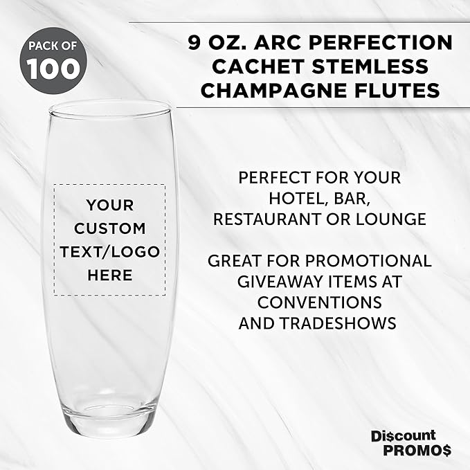 DISCOUNT PROMOS 100 ARC Stemless Champagne Flutes Set, 9 oz. - Customizable Text, Logo - Cachet, Glassware, Cocktails - Clear