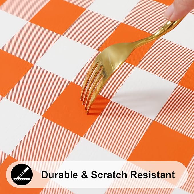 Smiry Rectangle Picnic Table Cloth, Elastic Waterproof Fitted Vinyl Tablecloths, Flannel Backed Buffalo Plaid Table Covers for Dining, Camping, Outdoor, Thanksgiving (White and Orange, 30" x 48")