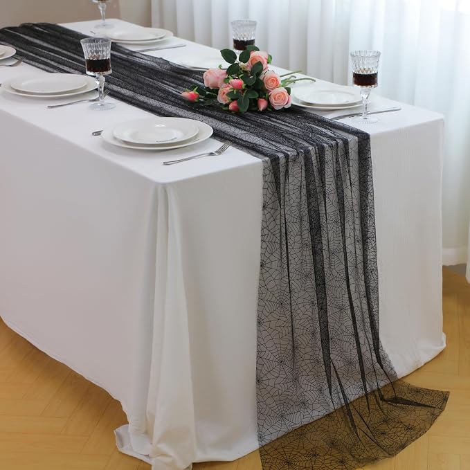 Snowkingdom Halloween Table Runner, 10 FT Black Spider Web Runners Metallic - Image 7