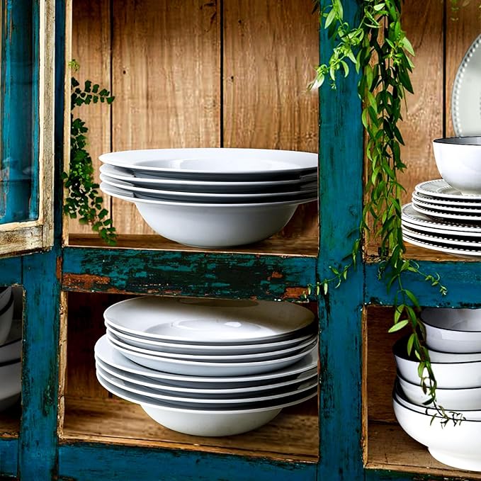 Pasta Bowls Set of 4, 22 oz Ceramic Soup, Cereal, Pasta and Salad Bowls, Rimmed Deep Plates, Microwave, Dishwasher, Oven Safe