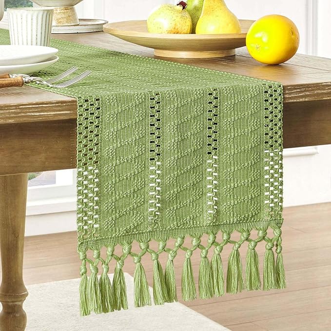 Macrame Style Boho Table Runner, 12x48 Inch Green | Woven Boho Table Runner by ZEEMARTONLINE