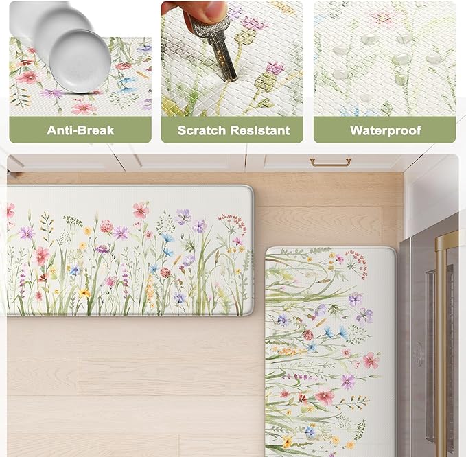 KIMODE Anti Fatigue Kitchen Mats for Floor 2 Piece, Cushioned Floral Kitchen Rugs, Memory Foam Kitchen Floor Mats, Summer Standing Desk Mats for Laundry Office Sink White 20"x71"+20"x32"