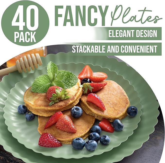 Trendables Floral Paper Plates 8.5 Inch & 10.5 Inch 40 Pcs Dinner Plate Set Fancy Disposable Plates for Party for 20 Guests 20 X 8 & 20 X 10 Large & Small Paper Plate Set for Parties Matcha