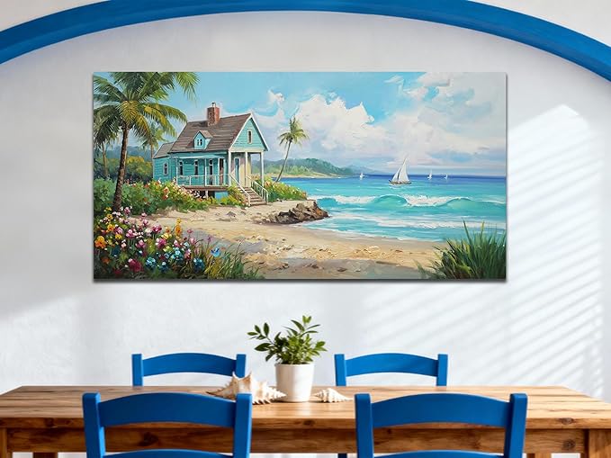 Anolyfi Tropical Large Canvas Wall Art for Living Room, Palm Tree Nature Coastal Seascape Painting Wall Decor Textured Artwork for Bedroom Hallway Kitchen Office Home Decor 58"x29"