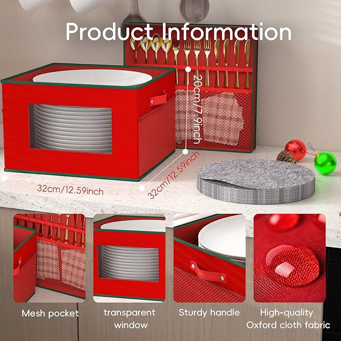 VERONLY China Storage Containers 2-Pack for Christmas and Holiday Dishes, Hard Shell Stackable Box with Felt Dividers, Holds 24 Fine Dinner Plates,Red
