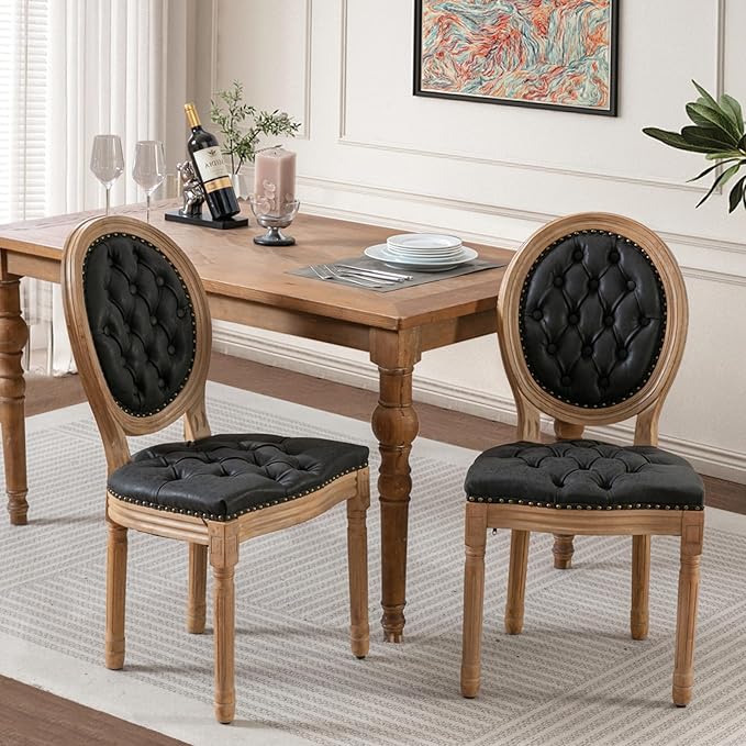 SoarFlash French Dining Chairs Set of 2, Vantage Dining Chair with Round Back, Wood Leg Farmhouse Country PU Leather Dining Chair for Kitchen,Bedroom,Black