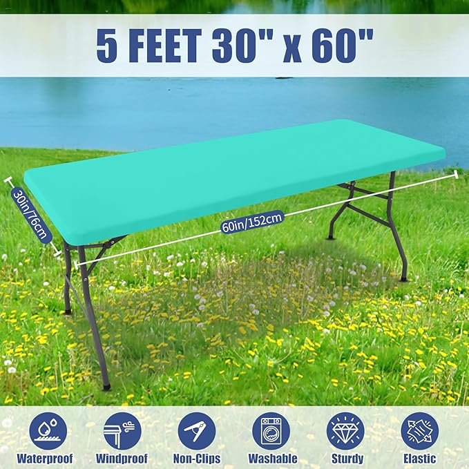 Spandex 5 Foot Rectangle Table Cloth 2 Pack, Elastic Fitted Tablecloths for Picnic, Stretch Washable Patio Table Cover for Outdoor, Camping, Banquet and Parties(Aqua Blue, 30"x60")
