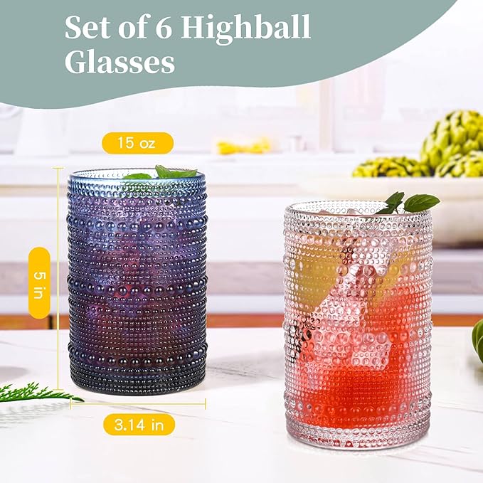 Amber Hobnail Drinking Glasses Set of 6, 15 oz Vintage Highball Glasses - Image 3