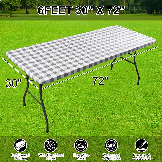 Smiry Rectangle Picnic Table Cloth, Elastic Waterproof Fitted Vinyl Tablecloths, Flannel Backed Buffalo Plaid Table Covers for Dining, Camping, Outdoor (White and Grey, 30" x 72")