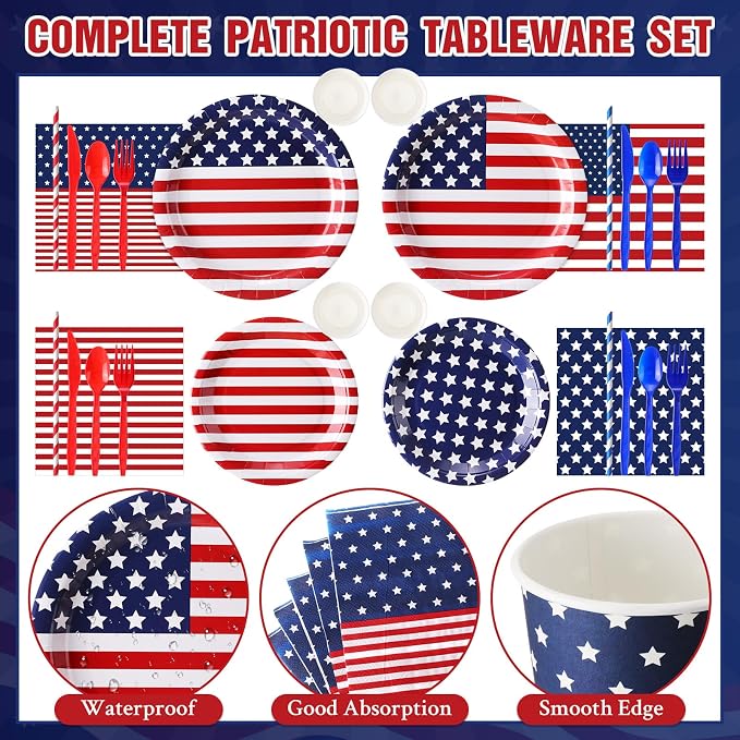 450 Pcs 4th of July Patriotic Tableware Set Decorations, Serves 50 | USA Red - Image 3