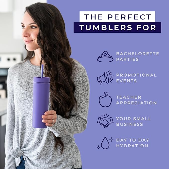 STRATA CUPS Purple Skinny Tumblers with Lids and Straws (12 pack) - 16oz Double Wall Acrylic Tumbler, Tall Matte Skinny Tumblers, Bulk with Free Straw Cleaner, Reusable Cups