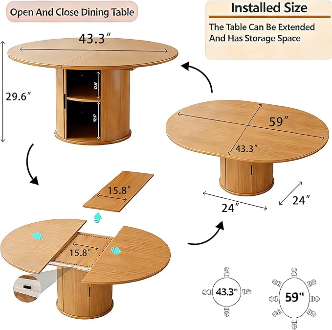 Extendable Round/Oval Dining Table Seats 2-4-6, 59" Modern Farmhouse Design with 2-Tier Storage & Fluted Slide Door, Dining Room Kitchen Furniture (Oak, 59 inches)